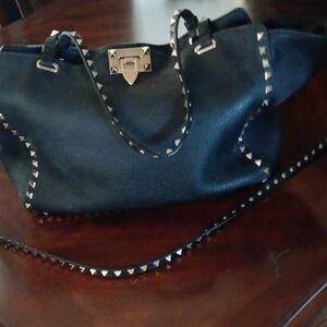 Valentino Garavani Black Studded Shoulder Tote with Gold Hardware